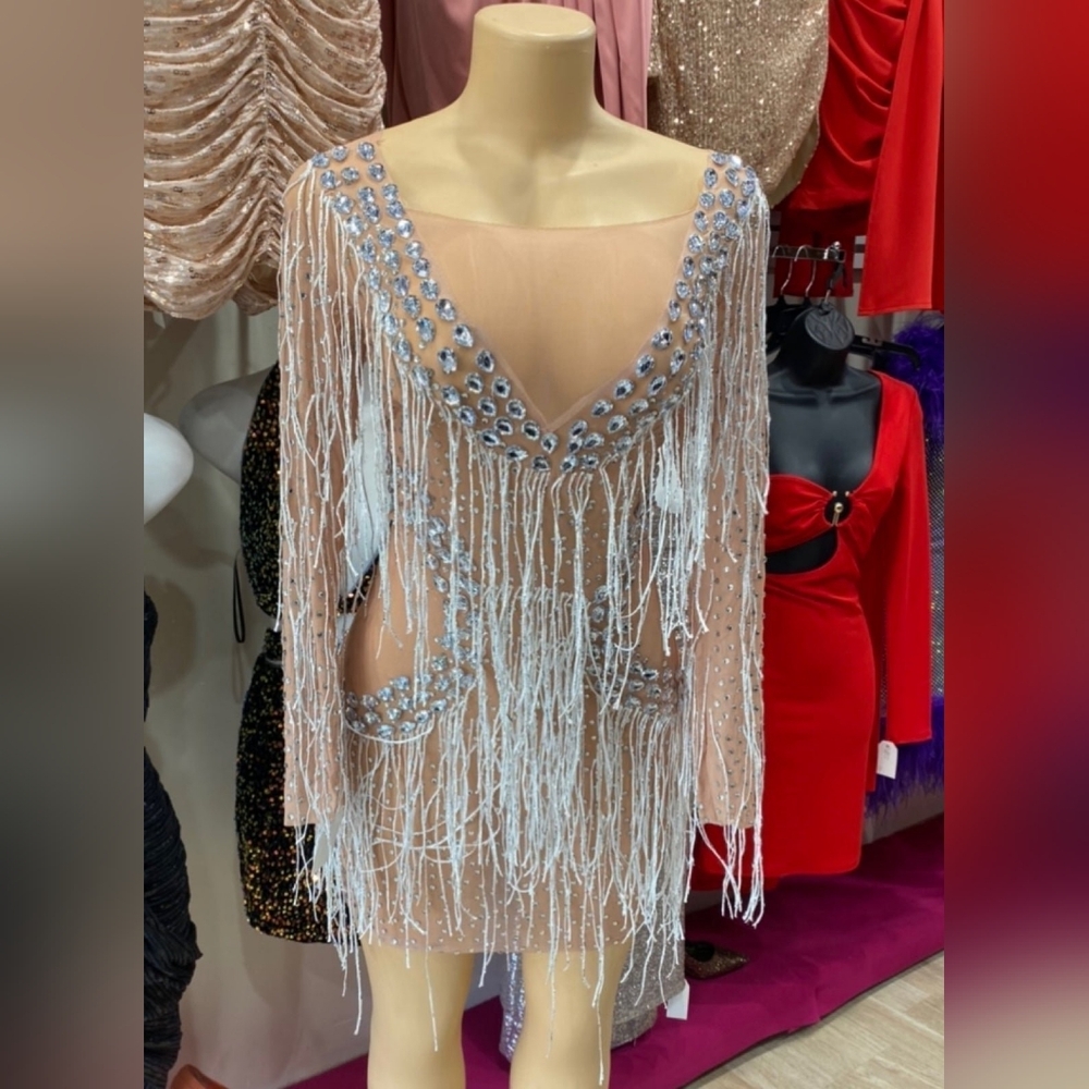 Unique Rare Size Large Ice Me Out Bling Birthday Silver Rhinestone Fringe Dress - Picture 9 of 11